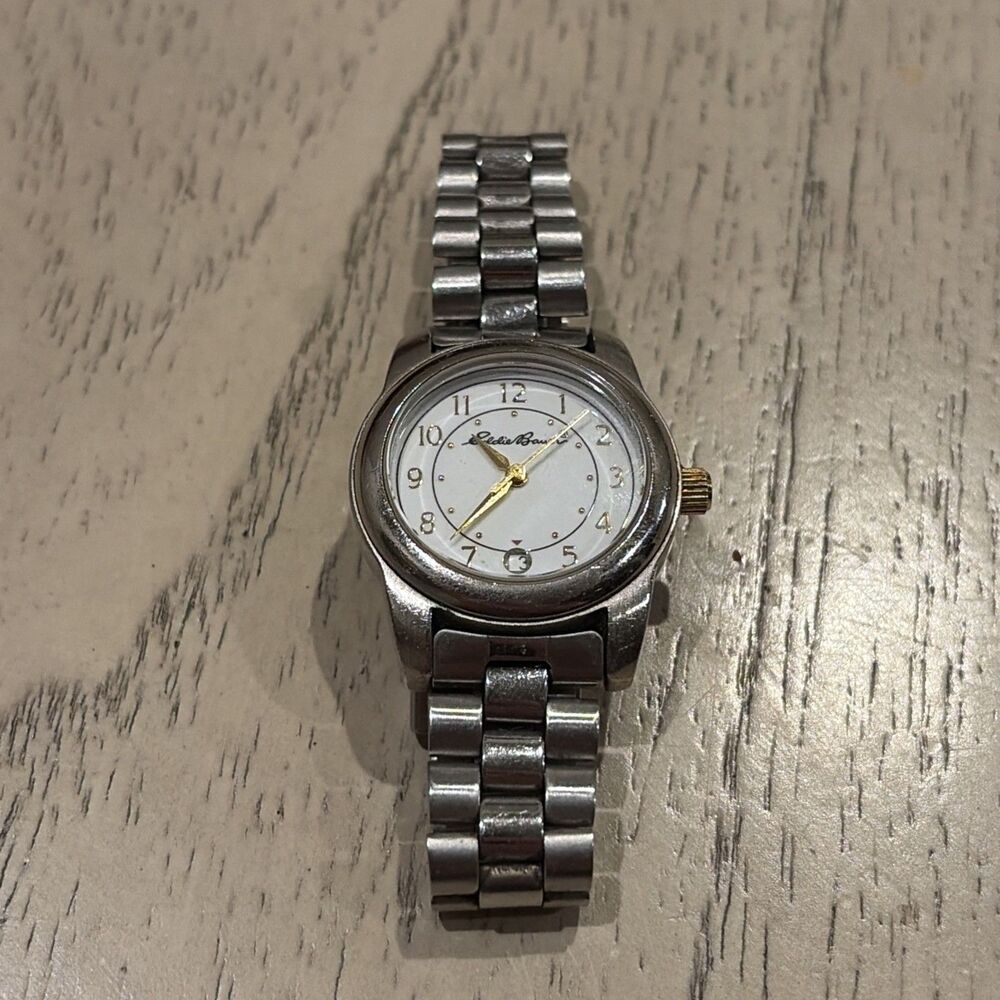 Eddie Bauer Watch Women Stainless Steel Silver Battery Date White Quartz